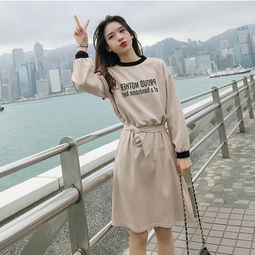 2019新款女装春装连衣裙韩版中长款系带显瘦女士过膝针织卫衣裙子sc图片大全邮乐官方网站