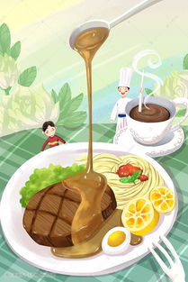 绿色系卡通手绘风美食意面牛排配图插画图片千库网