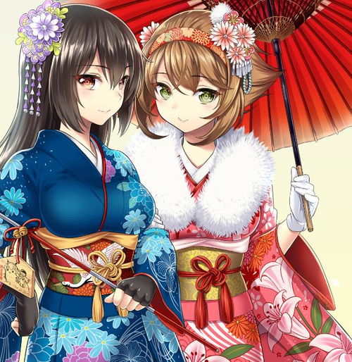 二次元和风美图好闺蜜系列,身穿和服,打扮华丽,特别要好的姐妹花动漫