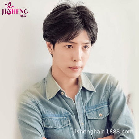 汤河店韩版帅气中分真人发丝短发假发男明星风尚微卷刘海隐形无痕发套
