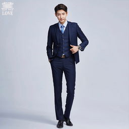 送白衬衫领带e藏蓝色男士西服套装韩版休闲小西装新郎结婚礼服